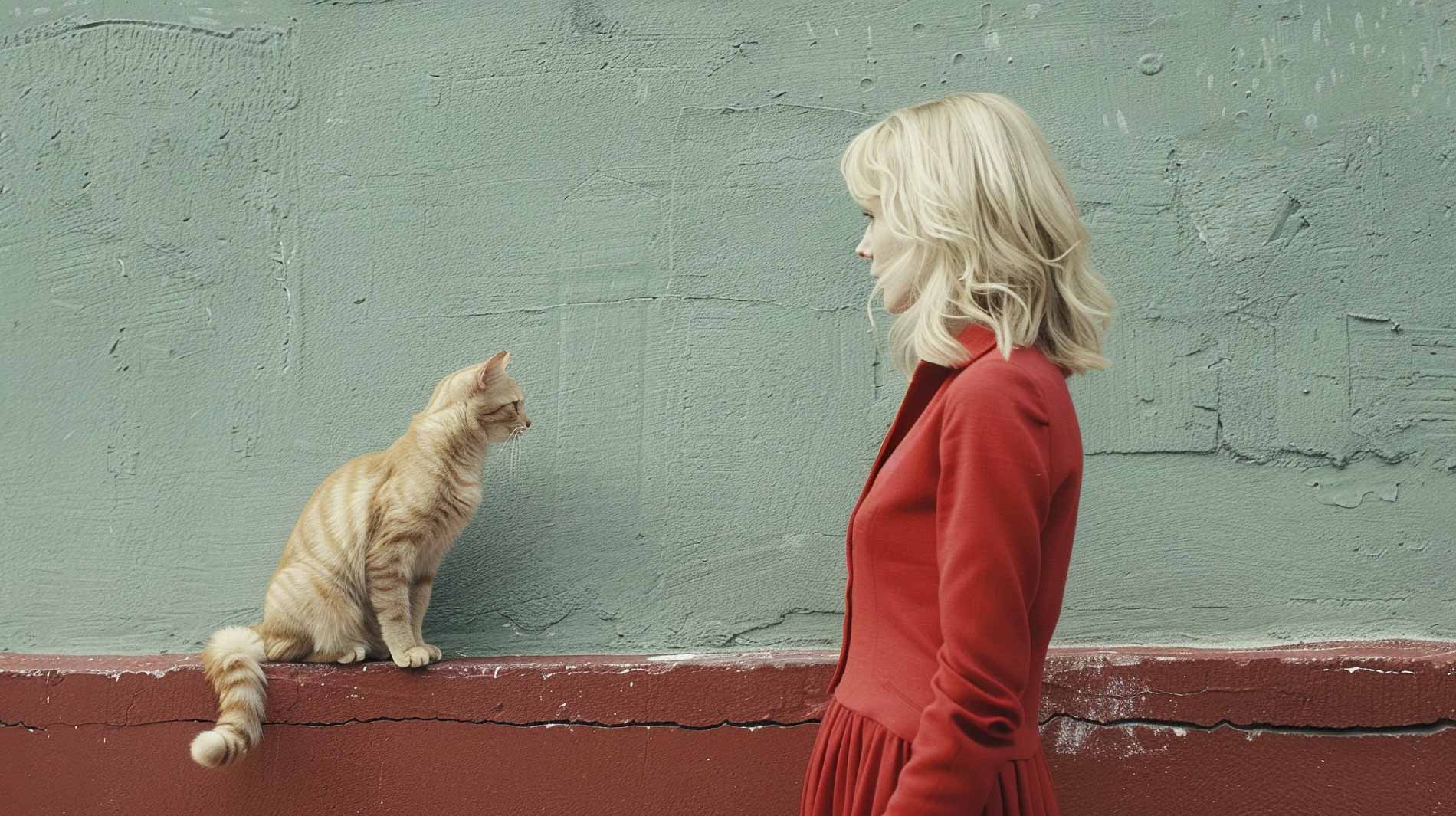 a cat talking to a jung blond woman