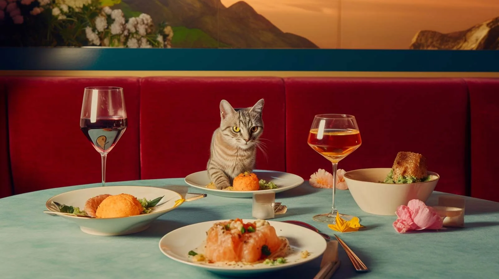 a cat having a fancy dinner