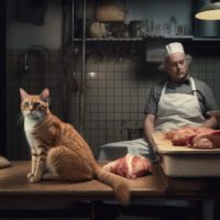 a cat watching a butcher processing meat