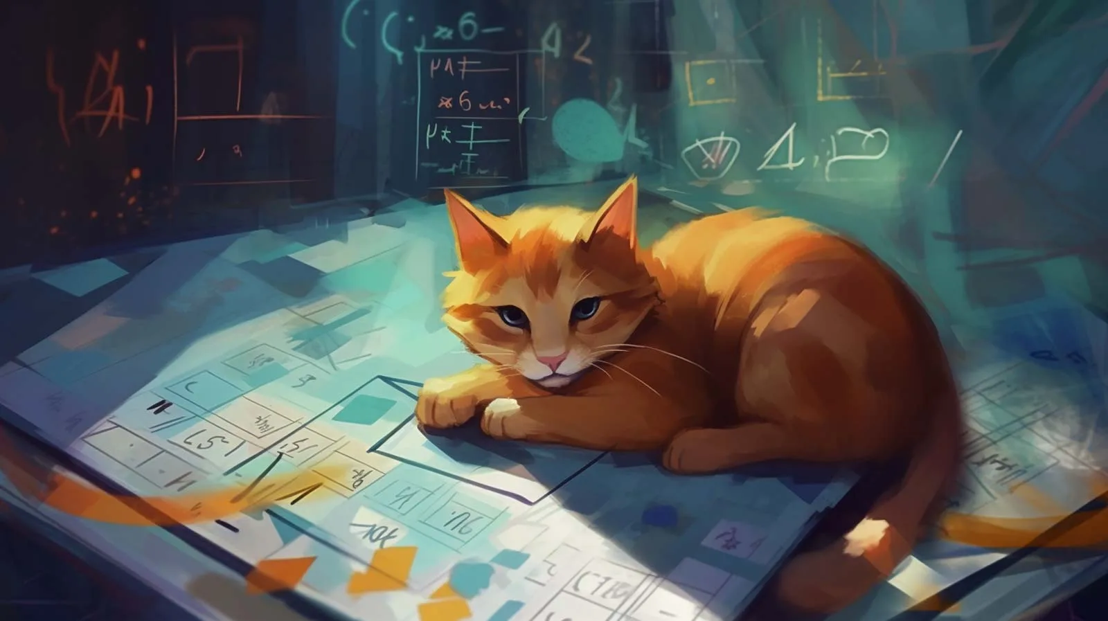 a cat illustration, sitting on paper with graphs on it