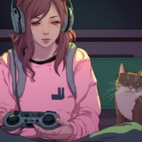 illustration of a cat and her owner playing console games