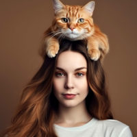 a cat on a head of a woman