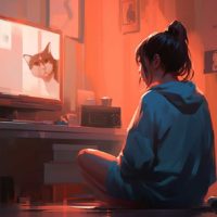 illustration of a cat and her owner watching a cat movie