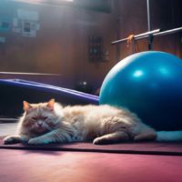 a cat sleeping on a matt in a gym