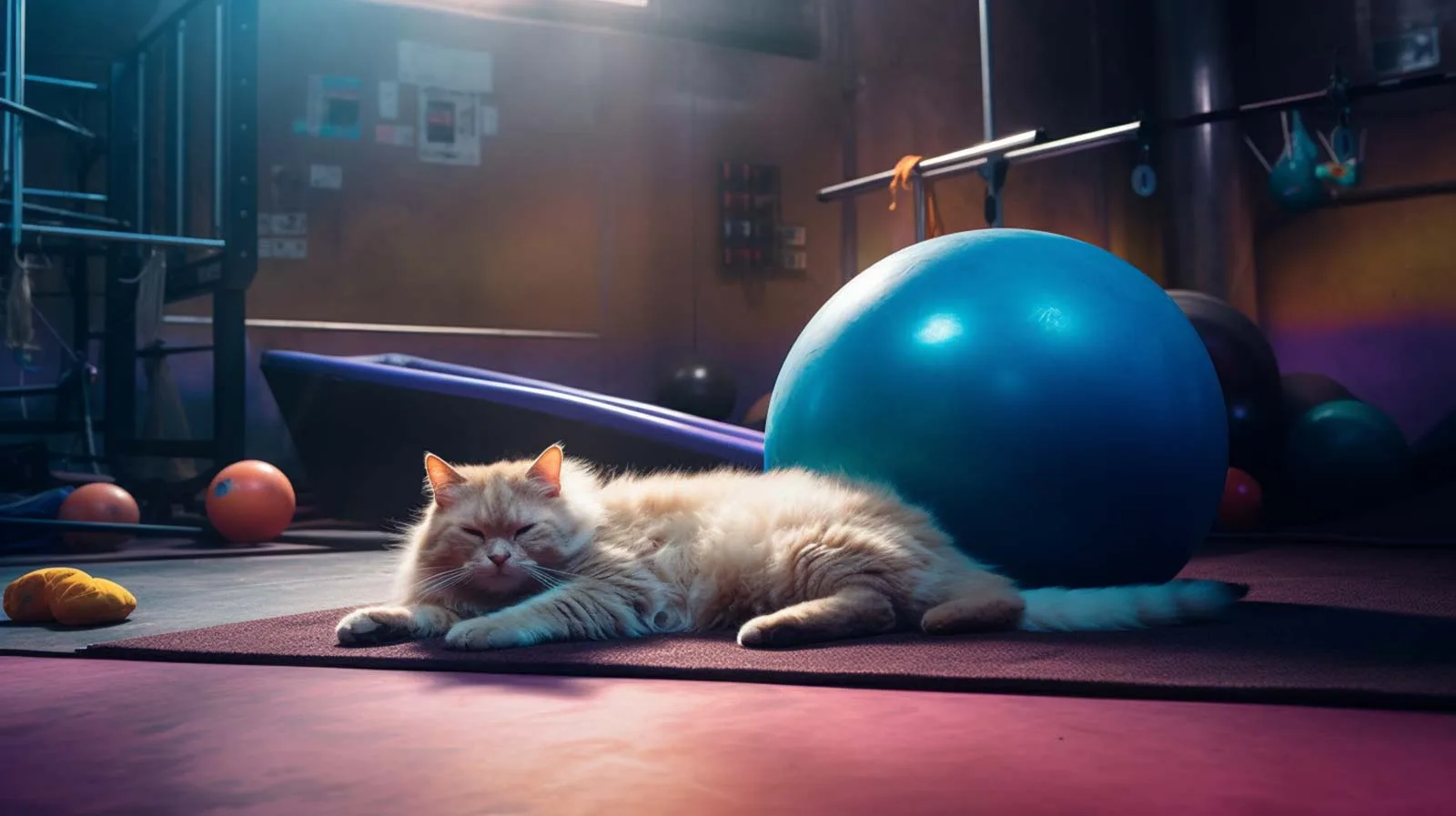 a cat sleeping on a matt in a gym