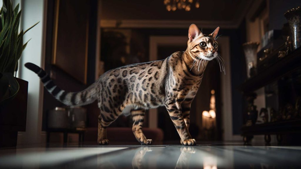 Bengal cat standing in apartment
