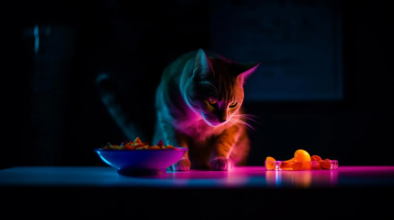 a cat sitting in neon lights tasing food