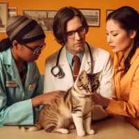 A cat surrounded by veterinarians