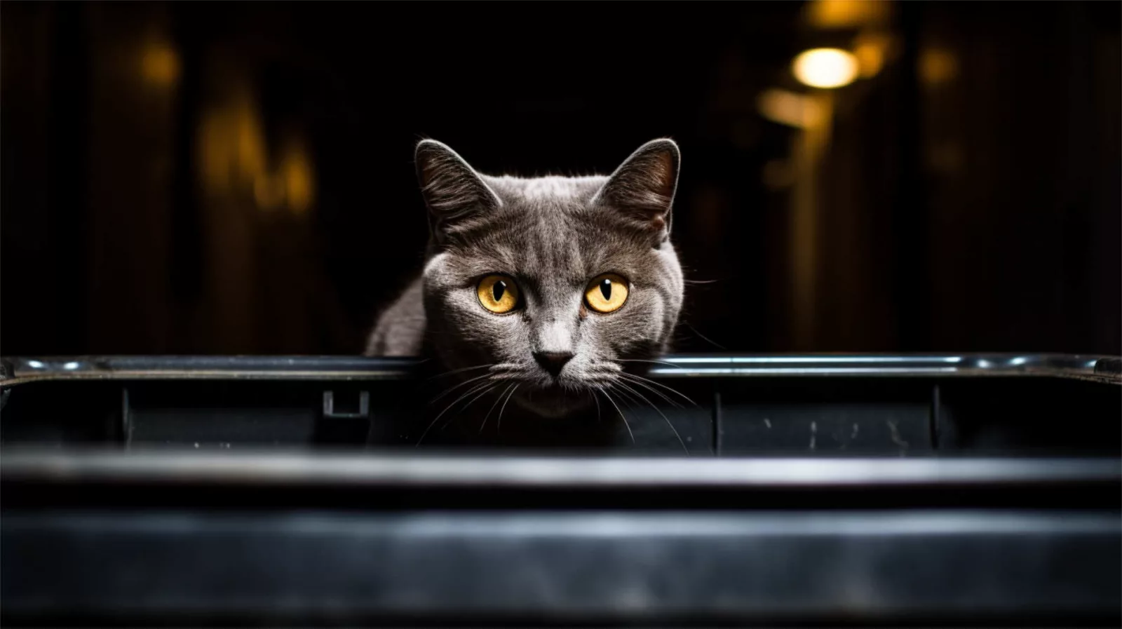 British shorthair cat checking out a dumpster