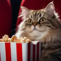Cat in cinema seat with popcorn, watching the screen