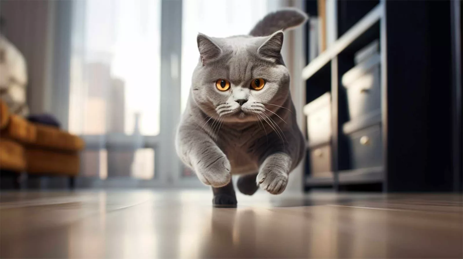 British shorthair cat playing and running towards the viewer