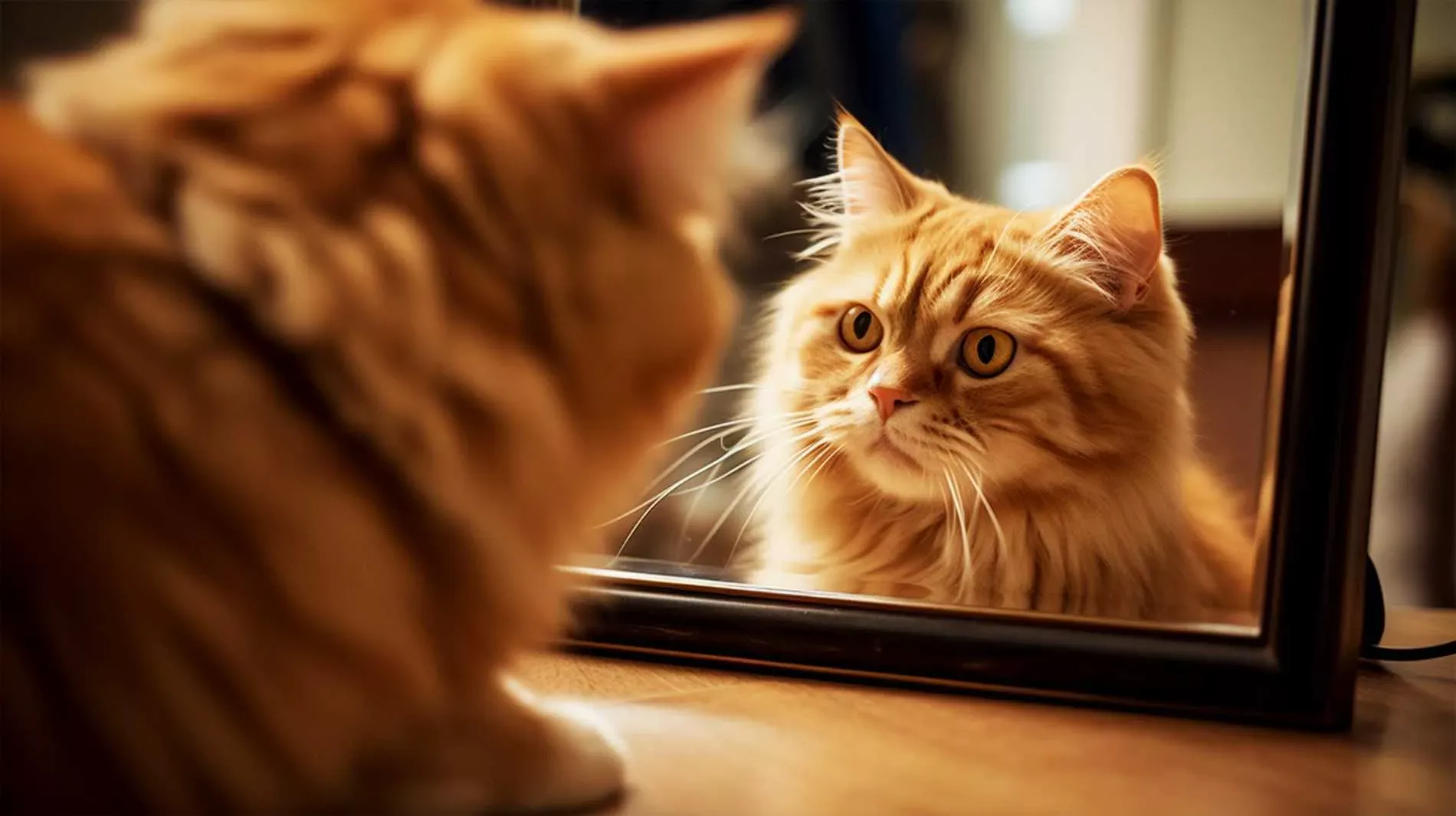 cat seeing herself in the mirror