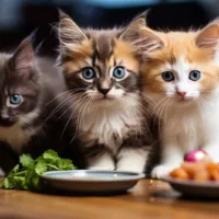 kittens in front of one empty and one full plate