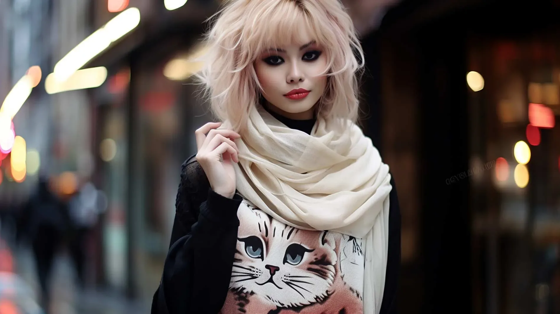 Elegant young woman wearing a sweater with a cartoon cat on it