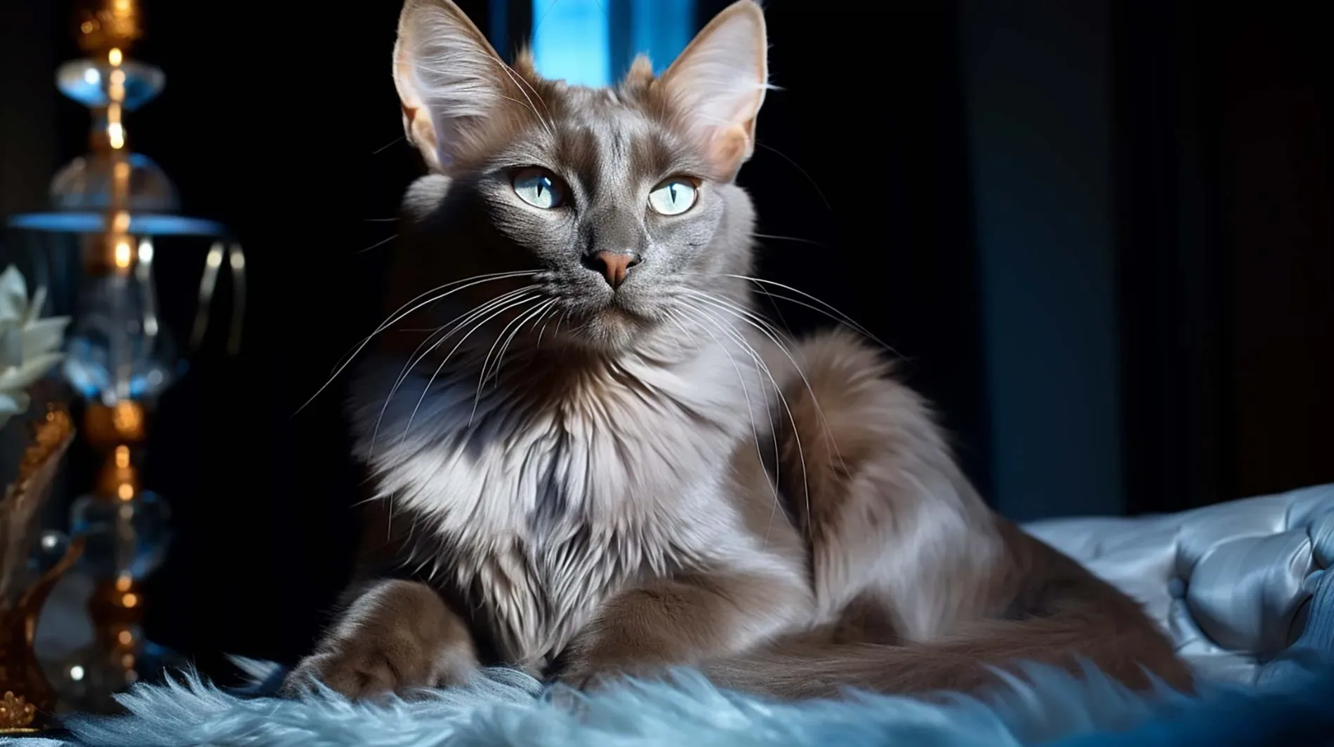 cat with long shiny coat in sun lit elegant blue room