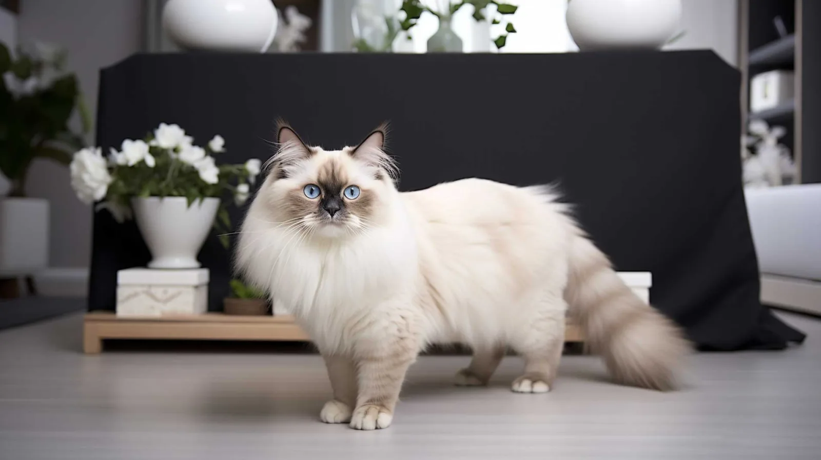 Bright birman cat standing sideways in front of a black and white scene with flowers