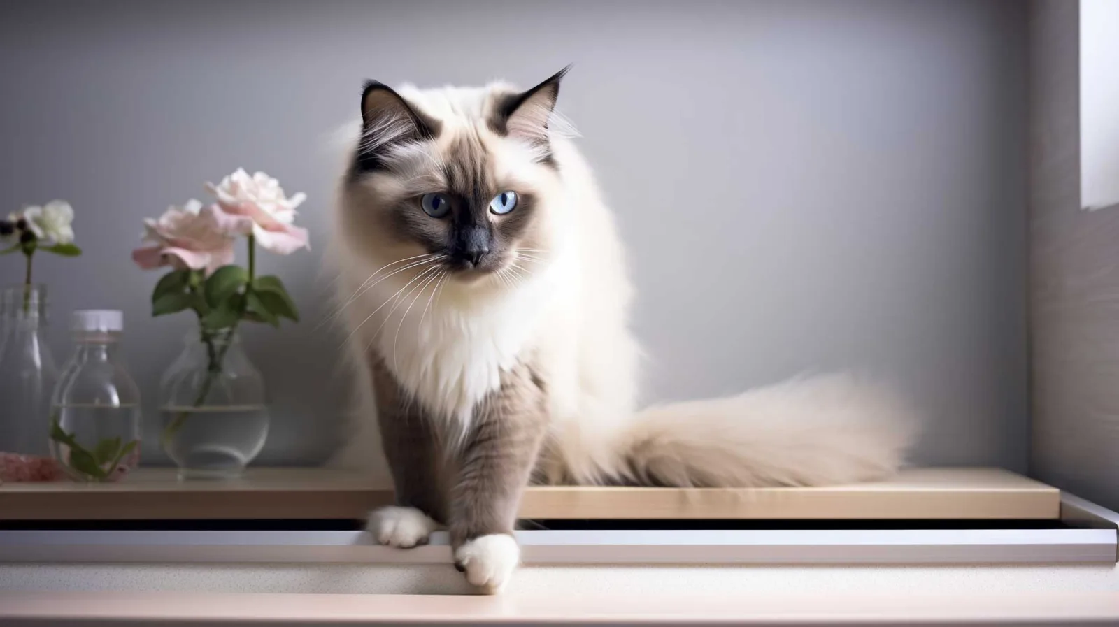 Birman cat with a curious expression about to jump down from an elevated place