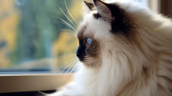 birman cat looking out of the window, her convex nose visible from the side
