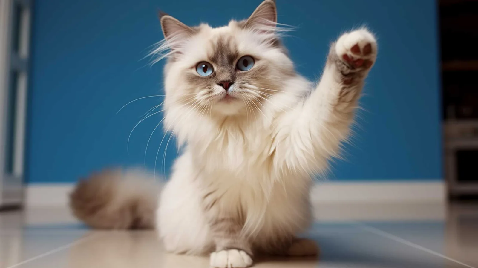 Birman cat playfully lifting her paw and looking at viewer