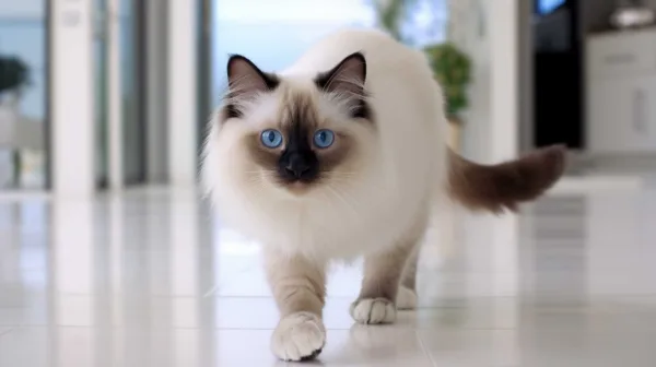 Birman cat walking towards the viewer curiously but slowly