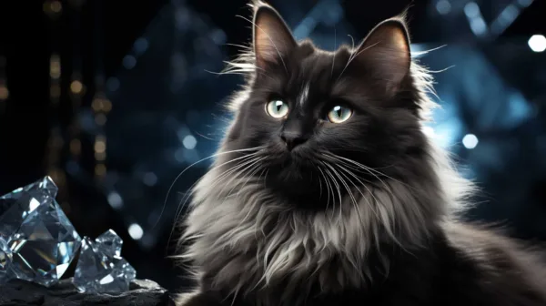 Black and grey long haired cat with yellow and blueish eyes with some shiny crystals around her