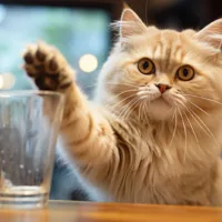 cat reaching for glas on the edge of the counter top, looking at viewer