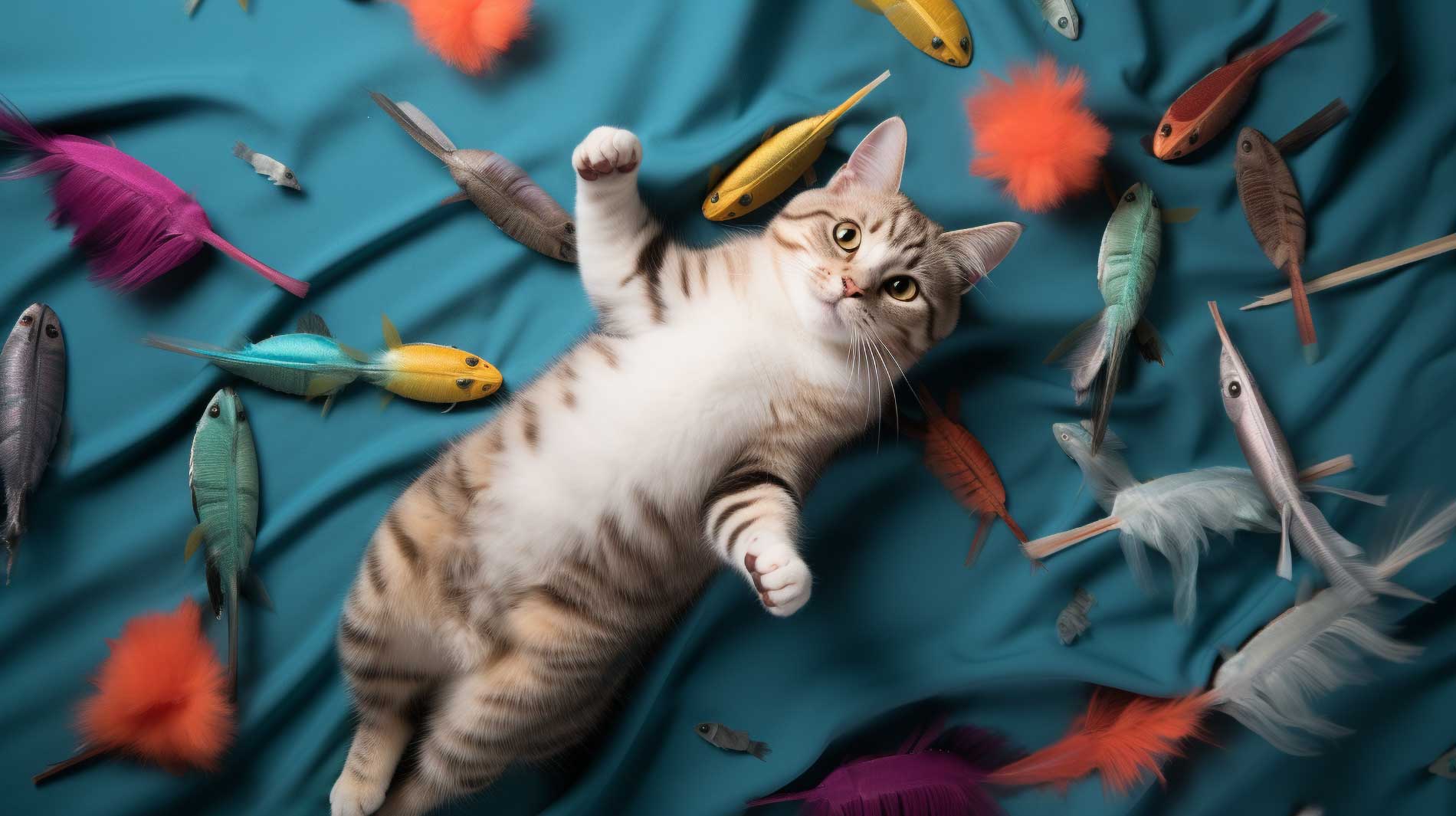 a cat between toys
