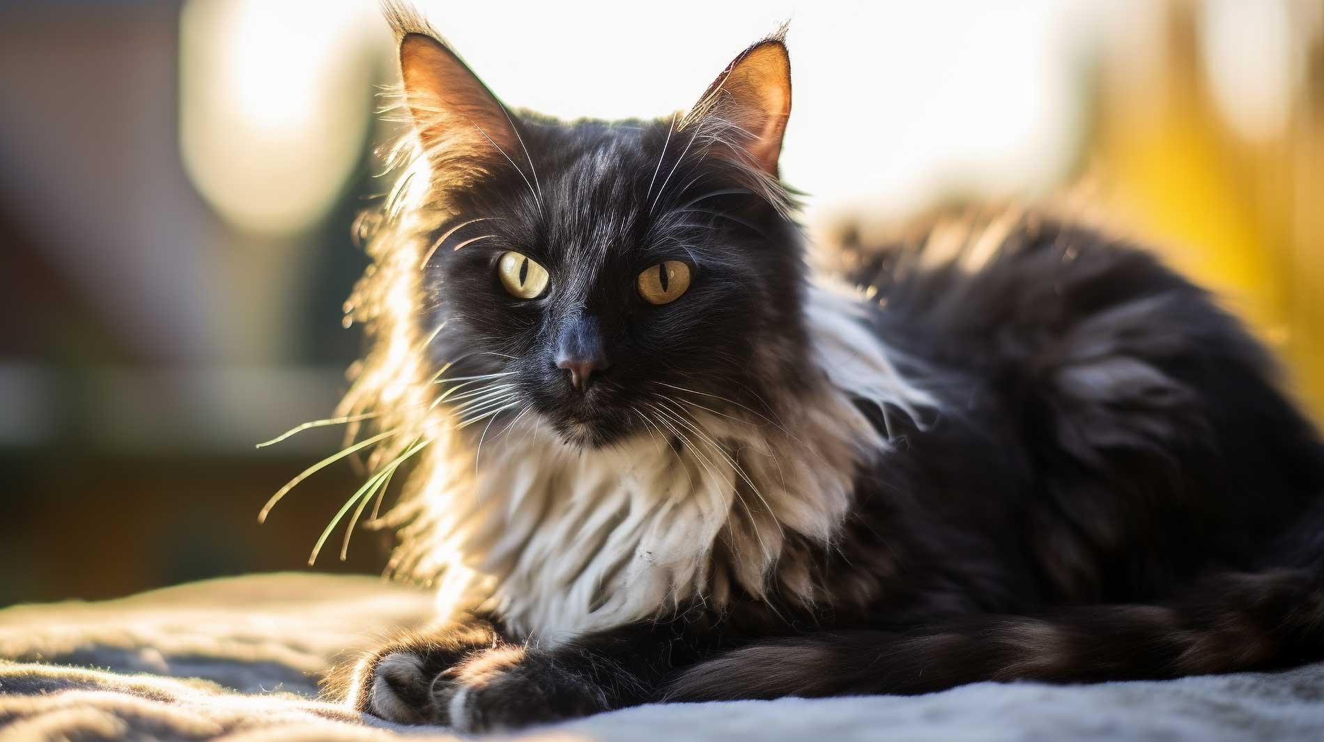 Shaggy senior cat in sun lit living room