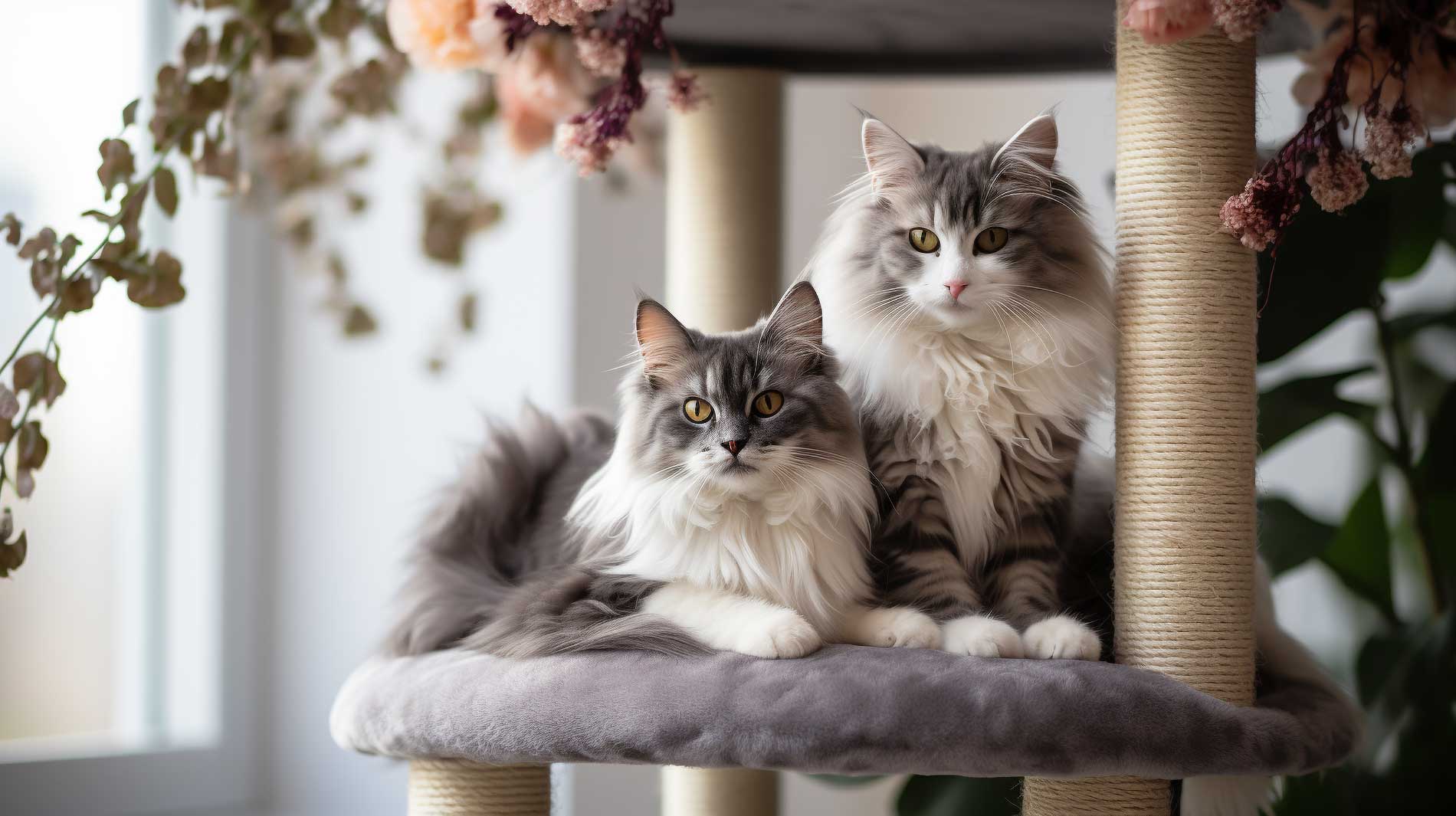 two cats sitting on scratching post