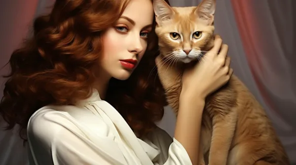 Elegantly dressed red haired woman with red lipstick and orange short hair cat with soft fur, looking at the viewer