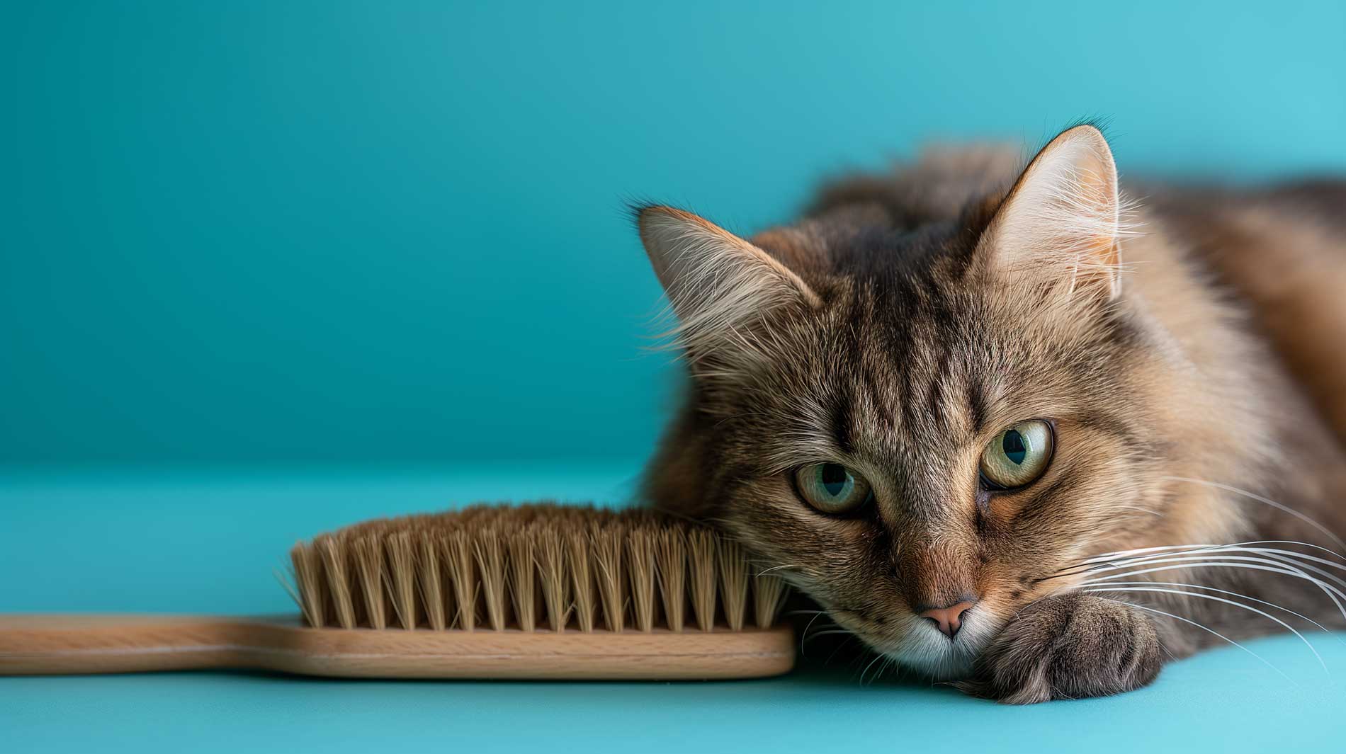 Brown tabby cat with long hair rubbing against wooden slicker brush in front of bright turquoise background