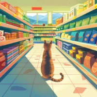 illustration of a cat examining the cat food section in the supermarket