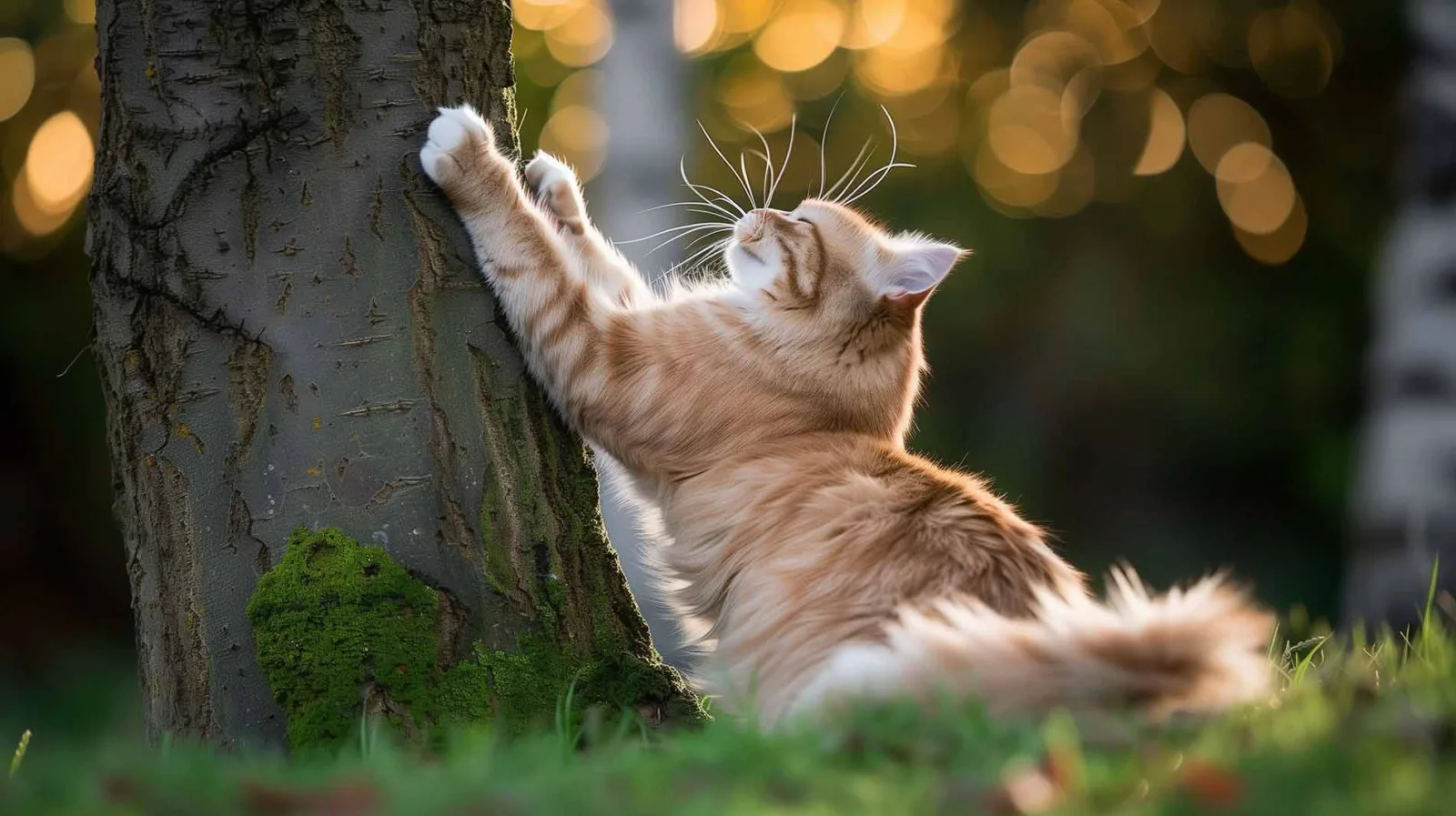 Eine größere Katze in entspannter Haltung an der Oberfläche eines Baumes. Sie steht auf ihren Hinterbeinen, die Vorderpfoten sind weit nach oben gestreckt und drücken gegen den Baum, der Kopf ist nach hinten geneigt und die Augen sind geschlossen. Das flauschige Fell und die weichen Linien der Katze kontrastieren mit dem robusten, unbeweglichen Baum.