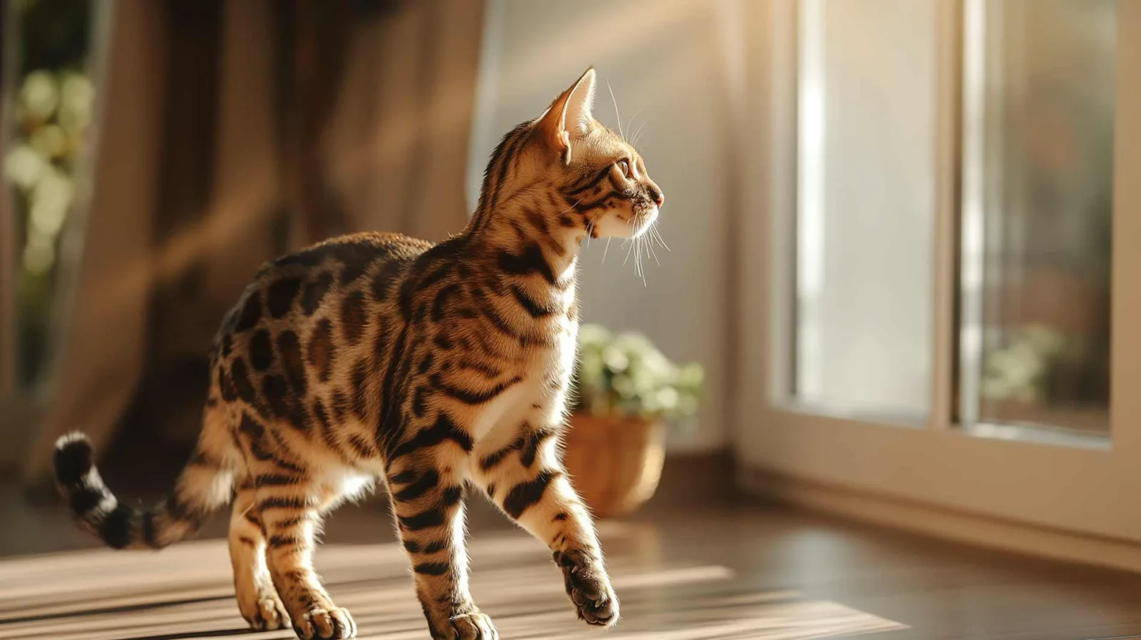A Bengal cat in a dynamic posture in front of a large window bathed in sunlight. The cat's body is turned slightly to its left with its head profiled, showcasing its striking striped and spotted coat, which glows in the natural light. The warm indoor setting is accented by soft shadows and highlights from the sunlight.