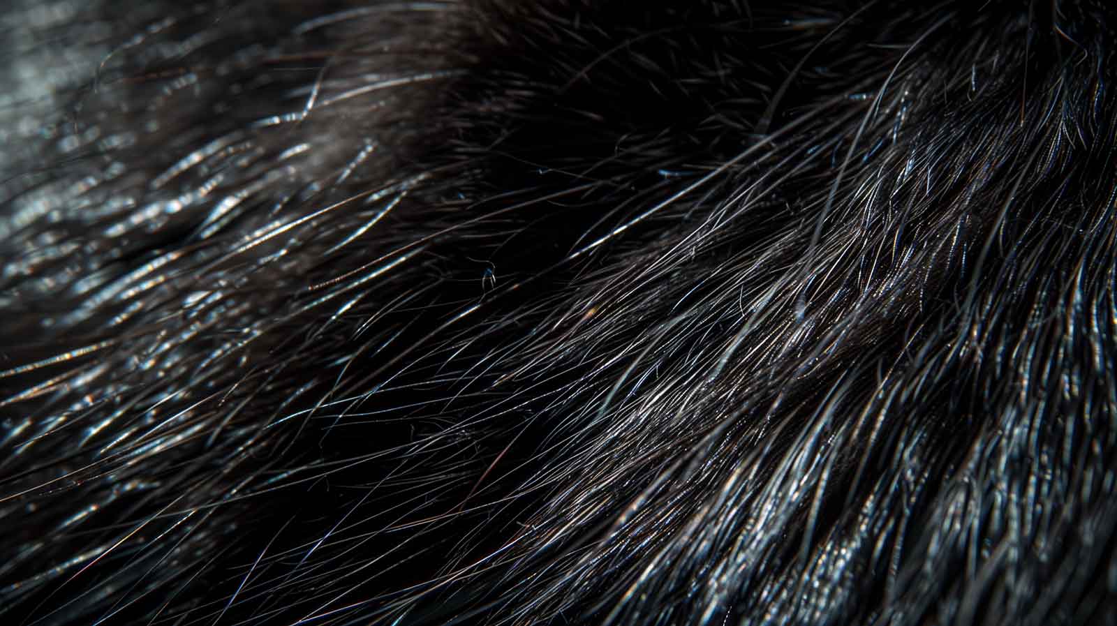 Ein Makrofoto in Nahaufnahme, das sich auf die Textur von glänzendem schwarzen Fell konzentriert. Das Bild fängt die komplizierten Details jedes Haares ein, wobei das Licht von der glatten, glatten Oberfläche einzelner Haare reflektiert wird und Highlights erzeugt, die mit den tieferen Schatten zwischen den Strähnen kontrastieren.
