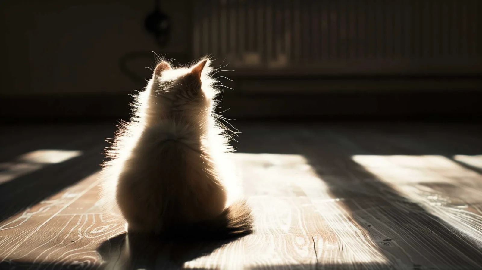 A silhouetted image of a fluffy kitten sitting on a hardwood floor, backlit by bright sunlight coming through a window. The light outlines the cat's fur, highlighting its fluff and whiskers. The cat is facing away from the viewer, looking towards the window, casting a long shadow on the wooden floor that reveals textured wood grain.