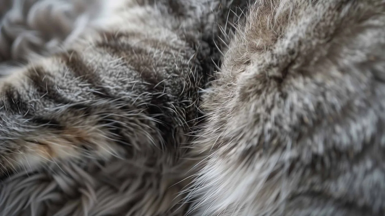 Macro photography of the fur of a gray tabby cat. The fur is a blend of gray and white, with distinct tabby markings that appear as darker stripes and spots against a lighter background. Single hair tips are visible because of their brighter color, poking out of the soft fur.