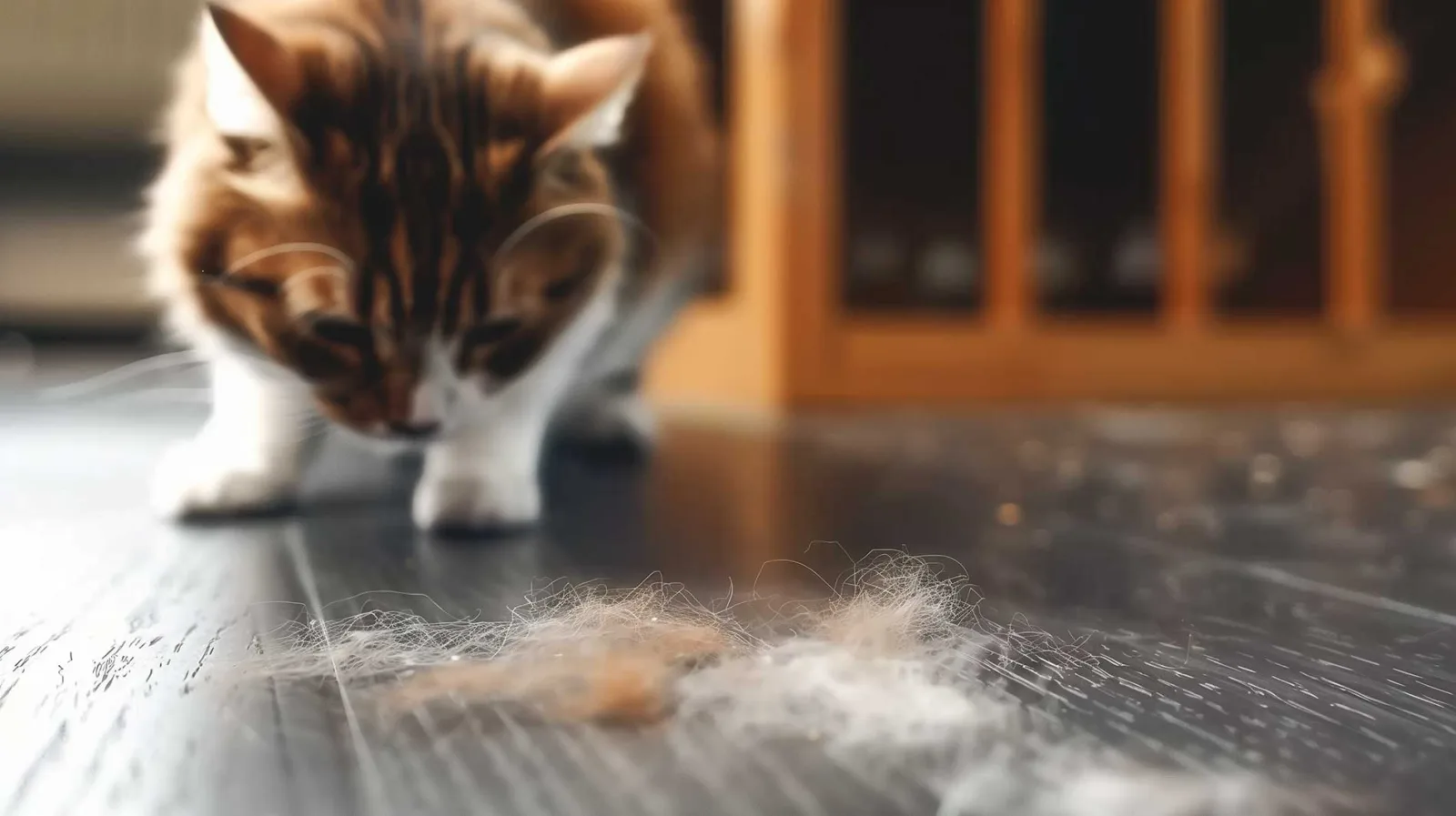 An image depicting a large, fuzzy hairball on a wooden floor, with a cat sitting in the background right behind it.
