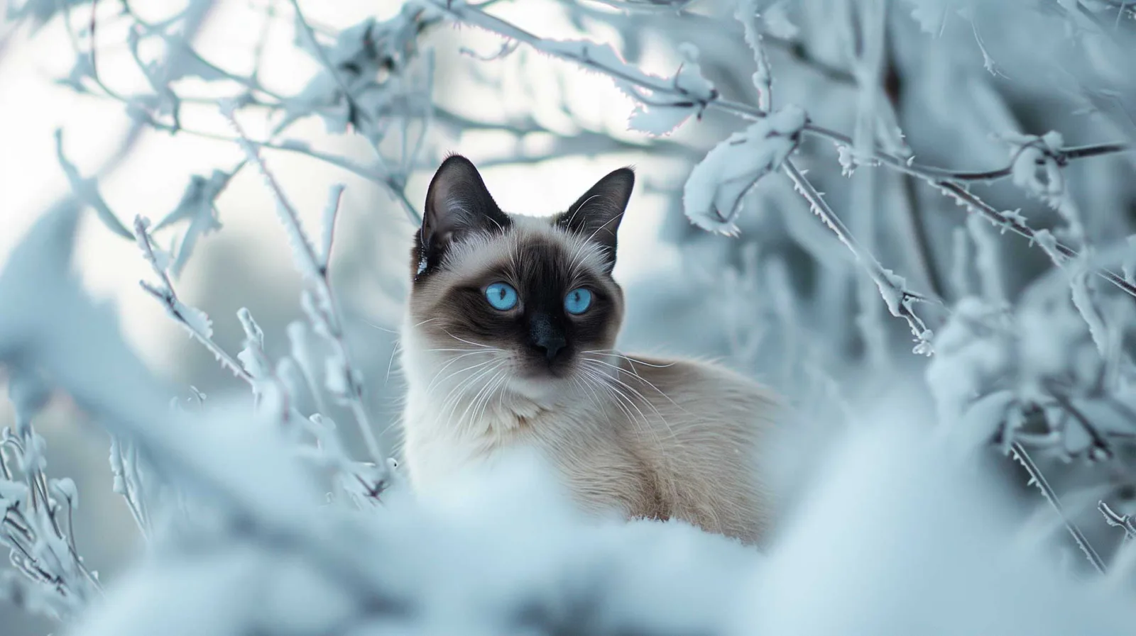 Eine Siamkatze mit auffallend blauen Augen und cremefarbenem Fell mit dunklen Gesichtszügen und Ohren sitzt inmitten einer verschneiten Winterlandschaft. Der Blick der Katze ist konzentriert und wachsam. Der Hintergrund besteht aus schneebedeckten Ästen und eisigen Zweigen, die die kalte, ruhige Atmosphäre des Bildes noch verstärken.